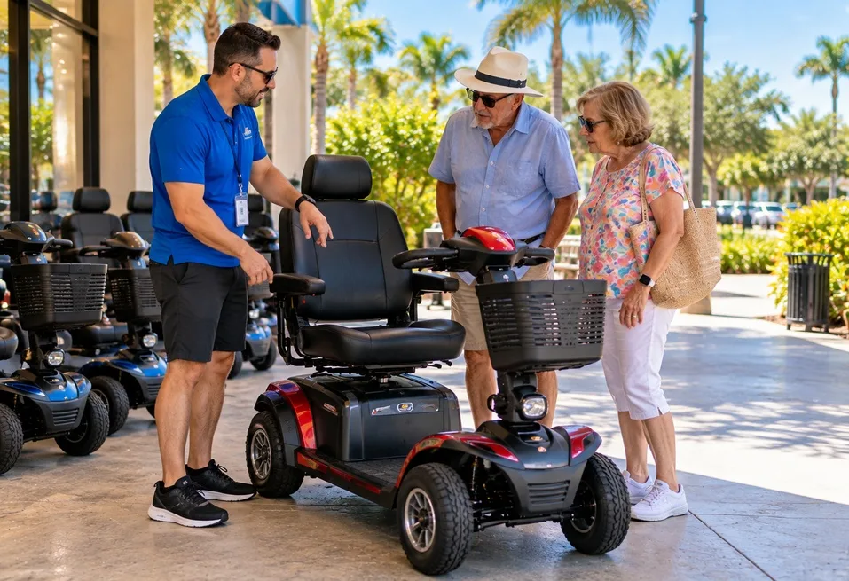 Customers comparing the weight capacity of a heavy-duty mobility scooter rental in Orlando.