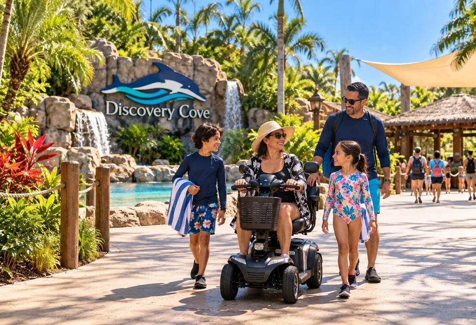 Family planning a Discovery Cove visit with a mobility scooter in Orlando.