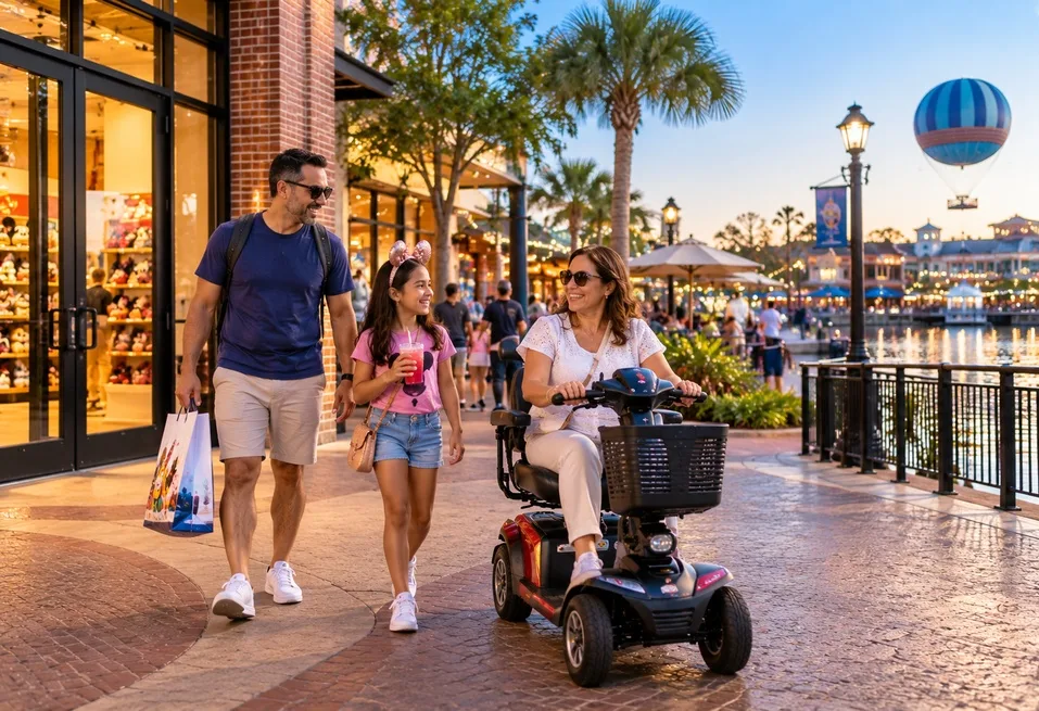 Family shopping and dining at Disney Springs while using a rented mobility scooter.